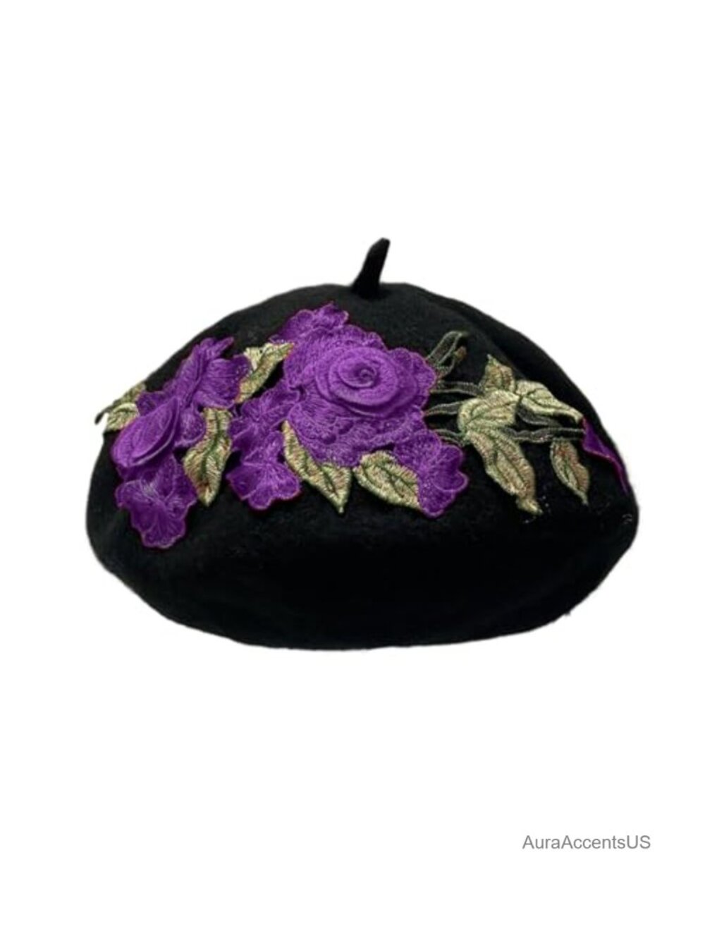 Wool Beret with Flower Embroidery Winter Warm French Artist Hat Adjustable